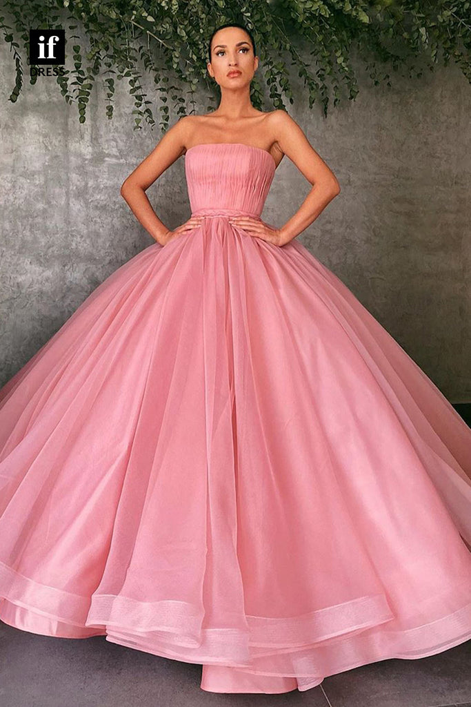 30816 - Unique Strapless Tulle Pleats Pink Quinceanera Dress Long Prom Ball Gown|IFDRESS