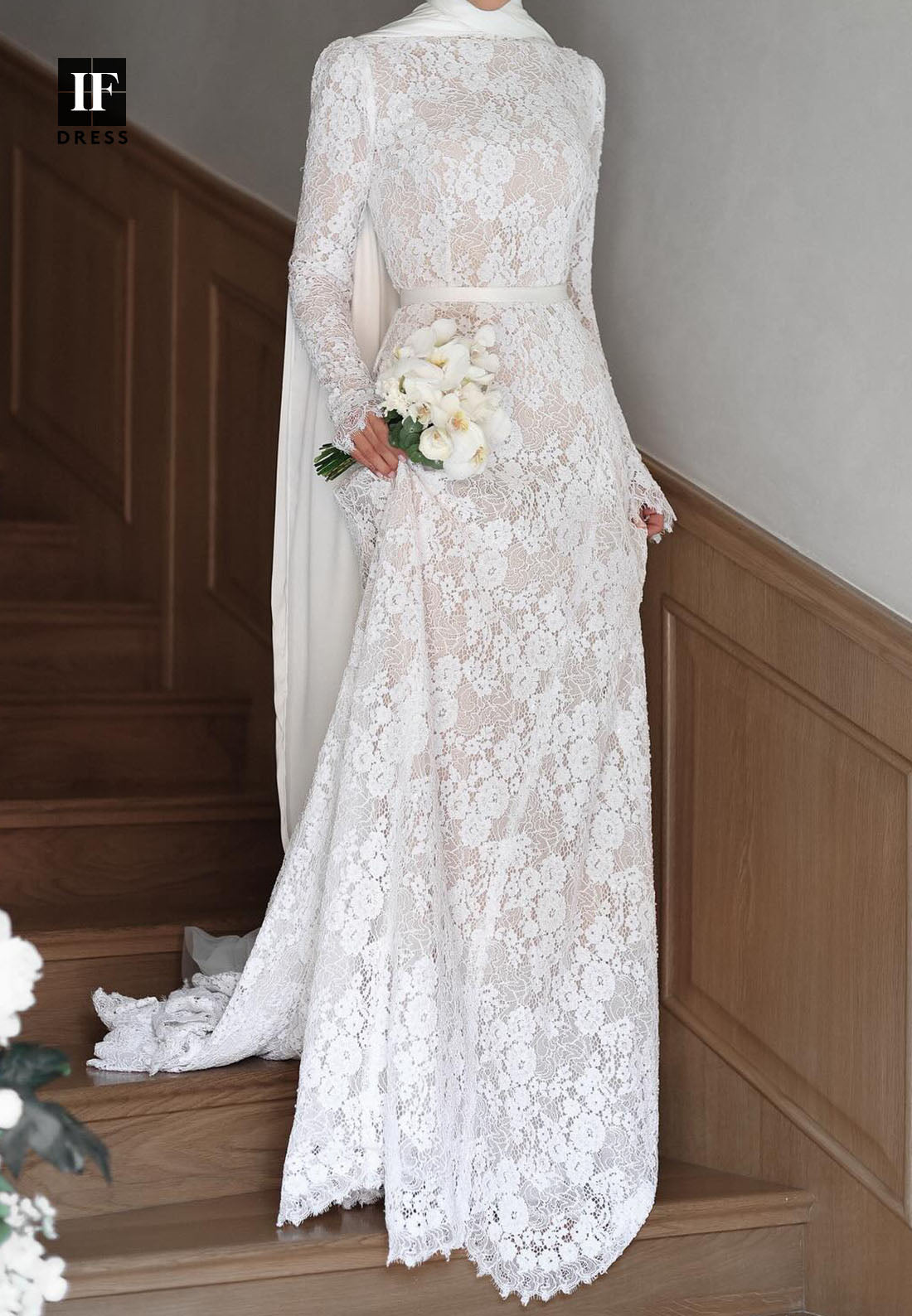 High-Neck Long-Sleeves Mermaid Wedding Dress Allover Lace Pleated Swee IFDRESS High-Neck Long-Sleeves Mermaid Wedding Dress Allover Lace Pleated Swee IFDRESS