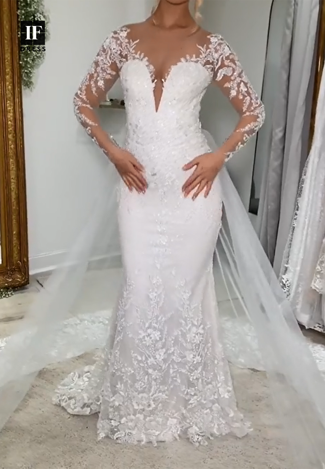 Deep V-Neck Long-Sleeves Sequined Applique Tulle Mermaid Wedding Dress   IFDRESS