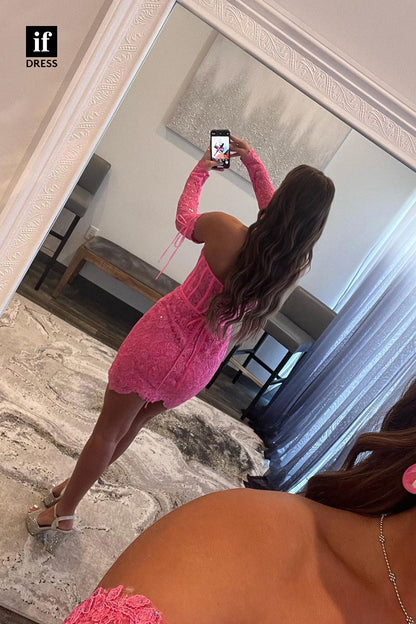 F1-1094 - Unique Off Shoulder Lace Appliques Sleeves Mini Homecoming Dress