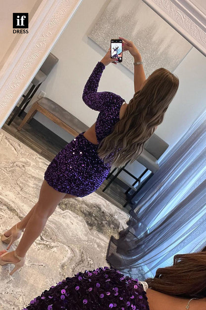 F1-1105 - Unique One Shoulder Sequined Long Sleeves  Mini Homecoming Dress