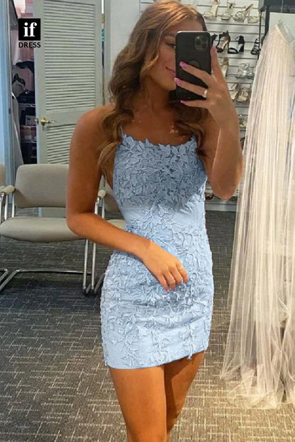 F1-1135 - Attractive Scoop Lace Appliques Beads Mini Homecoming Graduation Dress