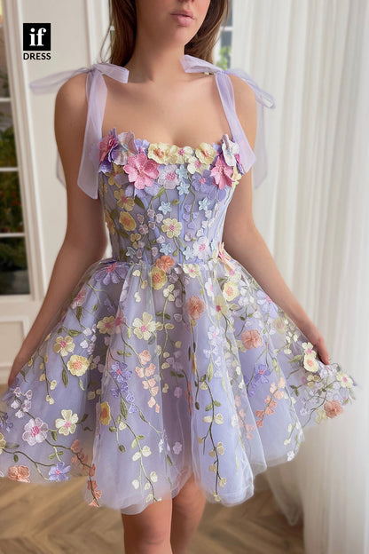 F1-1143 - Charming A-Line Floral Scoop Appliques Mini Homecoming Dress