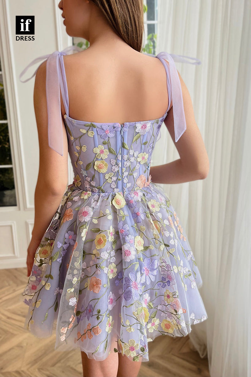 F1-1143 - Charming A-Line Floral Scoop Appliques Mini Homecoming Dress
