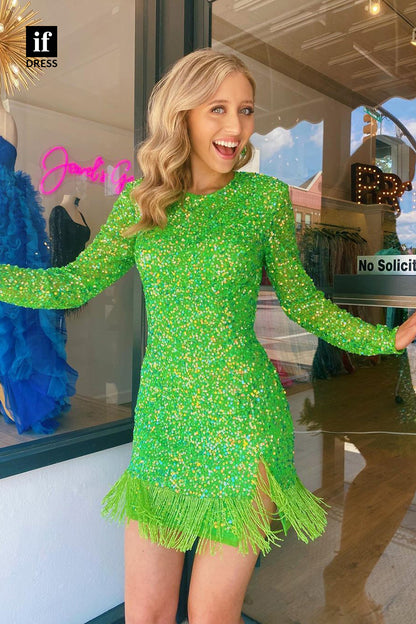 F1-1154 - Sparkly Long Sleeves Scop Sheath Sequined Mini Homecoming Dress