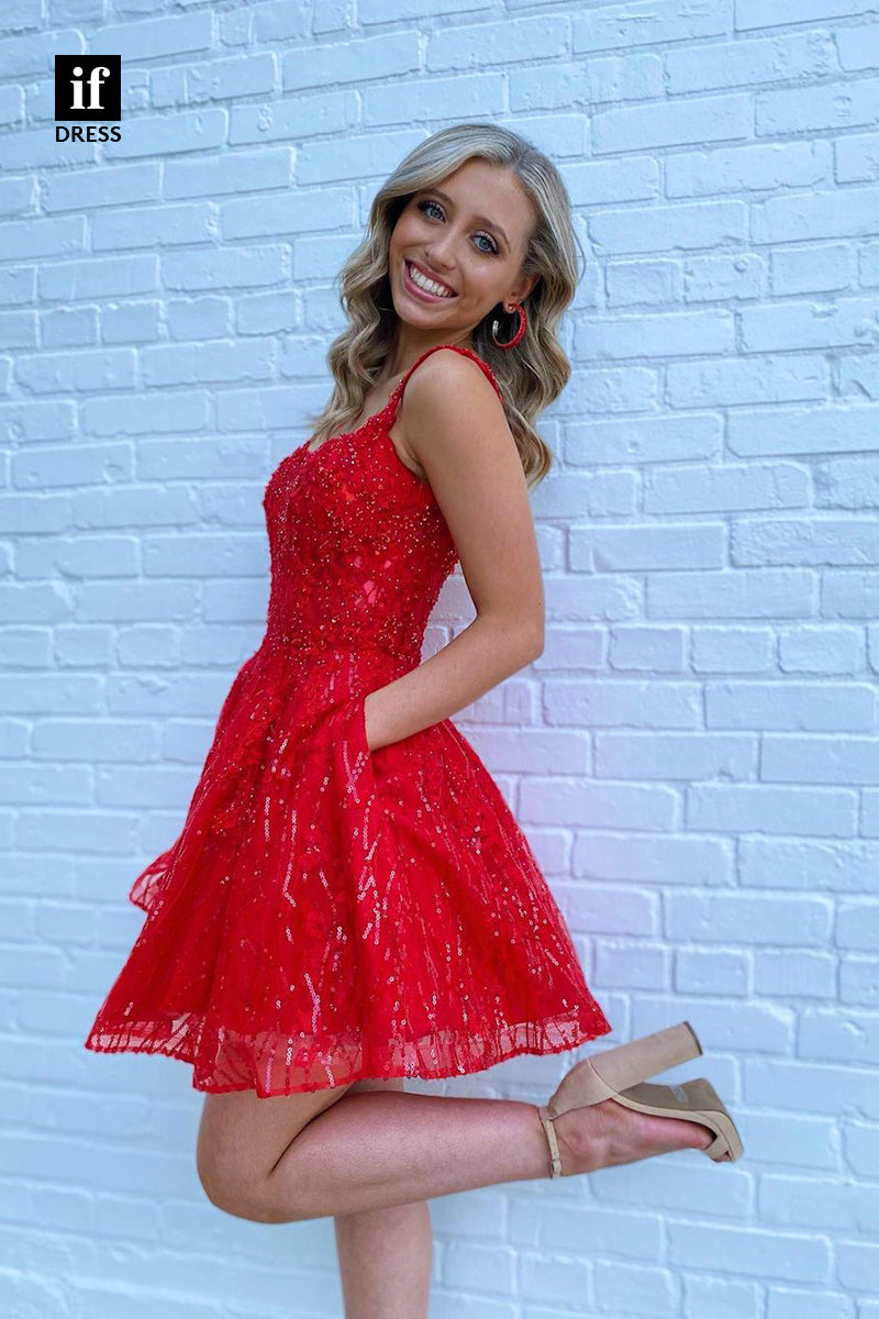 F1-1159 - Classic Straps Scoop A-Line Sparkly Short Homecoming Dress