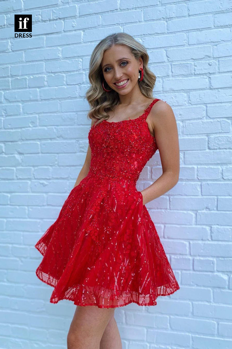 F1-1159 - Classic Straps Scoop A-Line Sparkly Short Homecoming Dress