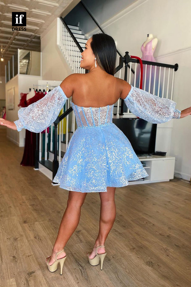 F1-1166 - A-Line Strapless Long Sleeves Appliques Short Homecoming Gown