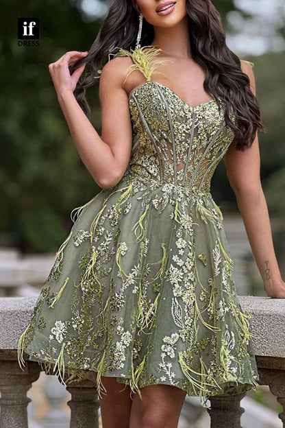 F1187 - Luxurious Appliques Tulle Feather A-Line Mini Homecoming Dress