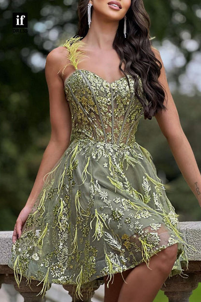 F1187 - Luxurious Appliques Tulle Feather A-Line Mini Homecoming Dress