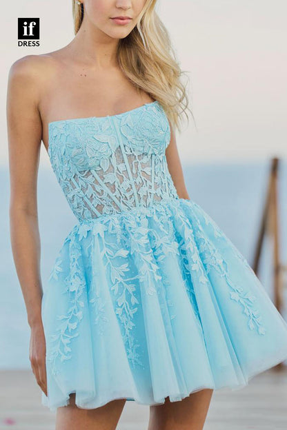 F1194 - Strapless Lace Appliques Scoop Tulle A-Line Short Homecoming Dress