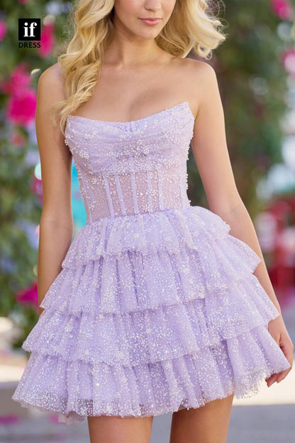 F1195 - Tiered Strapless Bodice Scoop  Tulle A-Line Mini Homecoming Dress
