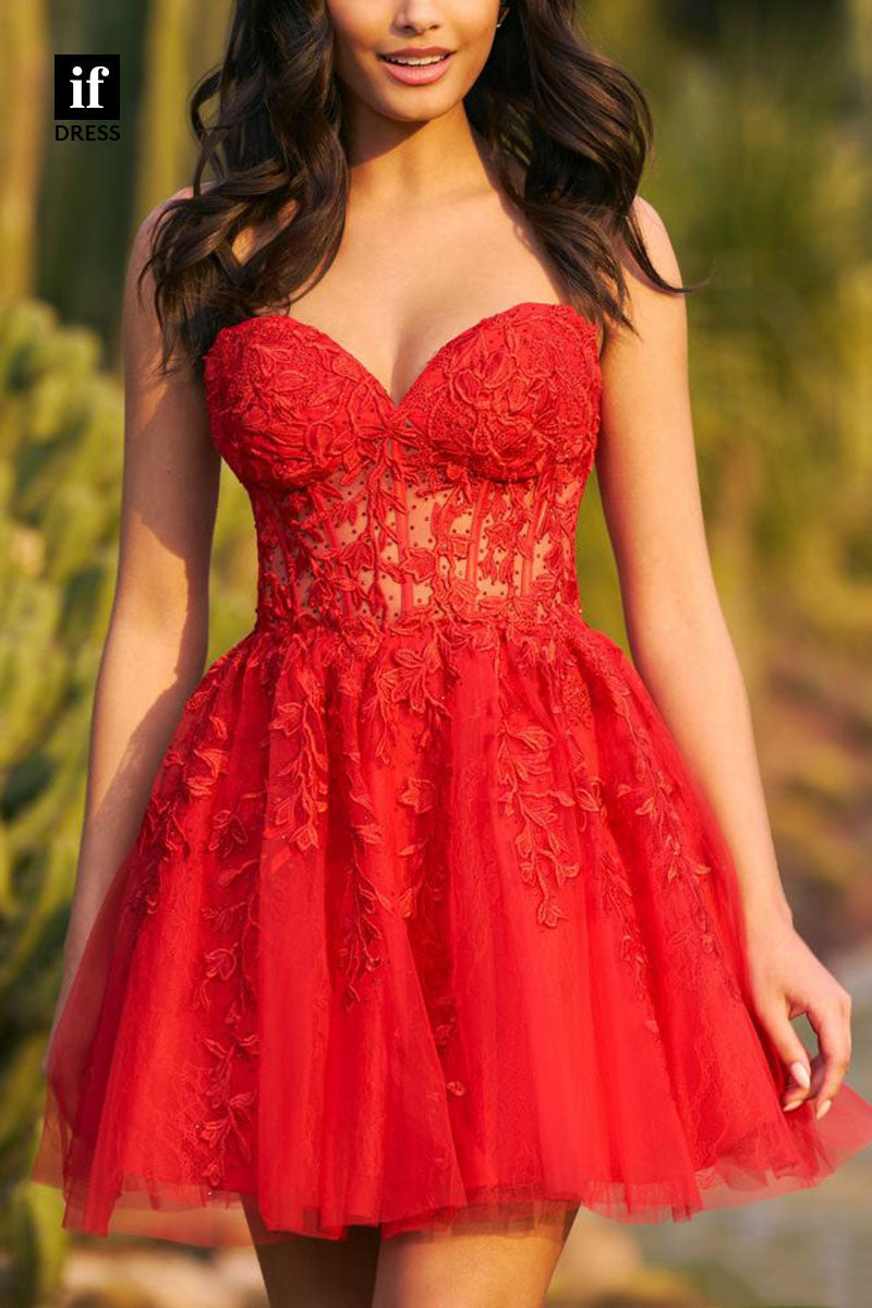 F1196 - Classy Strapless Lace Appliques V-Neck Tulle A-Line Mini Homecoming Dress