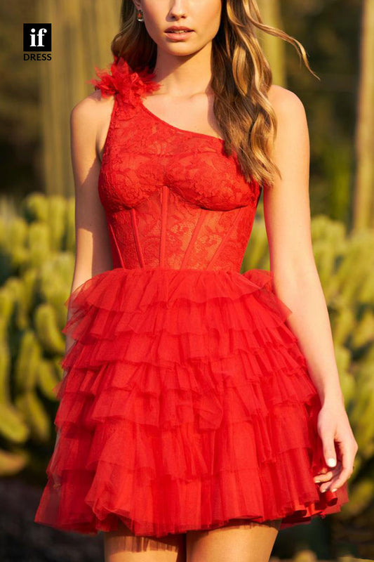 F1198 - Amazing One Shoulder A-Line Tiered Tulle Mini Homecoming Dress