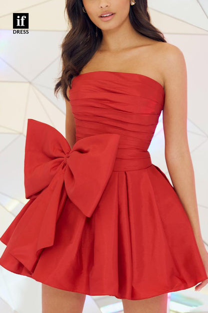 F1203 - Strapless Ruched Satin Bows Satin A-Line Mini Homecoming Dress