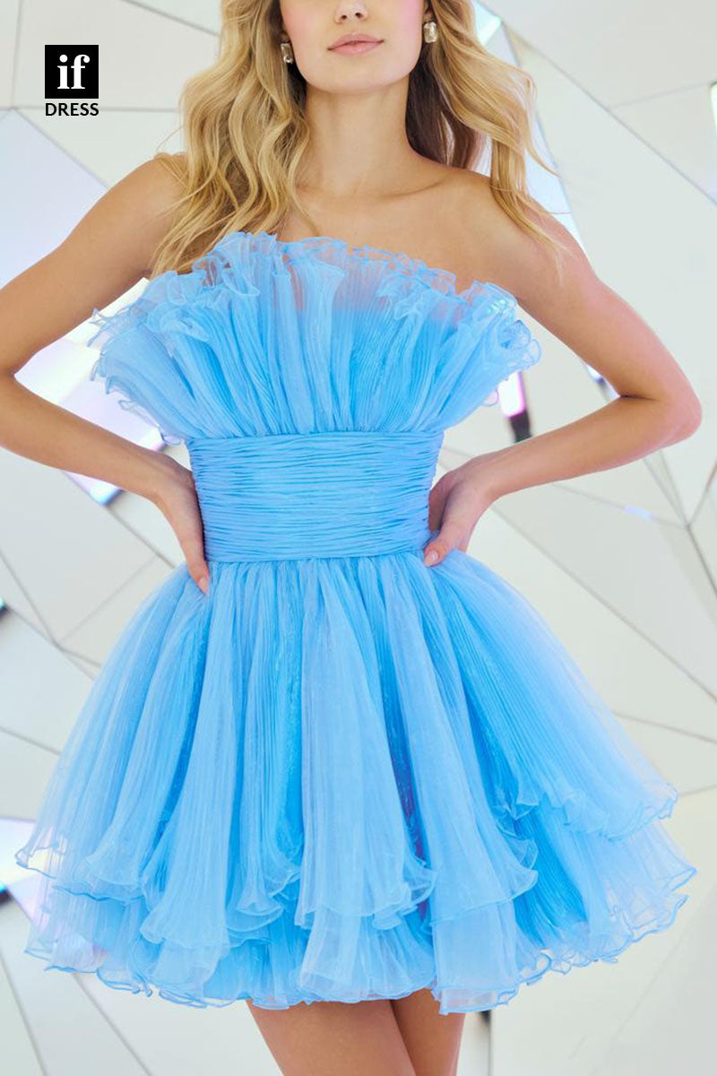 F1204 - Strapless Sleeveless Ruched Tulle A-Line Mini Homecoming Dress