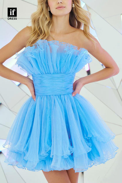 F1204 - Strapless Sleeveless Ruched Tulle A-Line Mini Homecoming Dress
