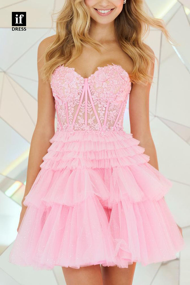 F1212 - Sweetheart Strapless Appliqued Tiered Tulle A-Line Mini Homecoming Dress