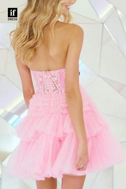 F1212 - Sweetheart Strapless Appliqued Tiered Tulle A-Line Mini Homecoming Dress