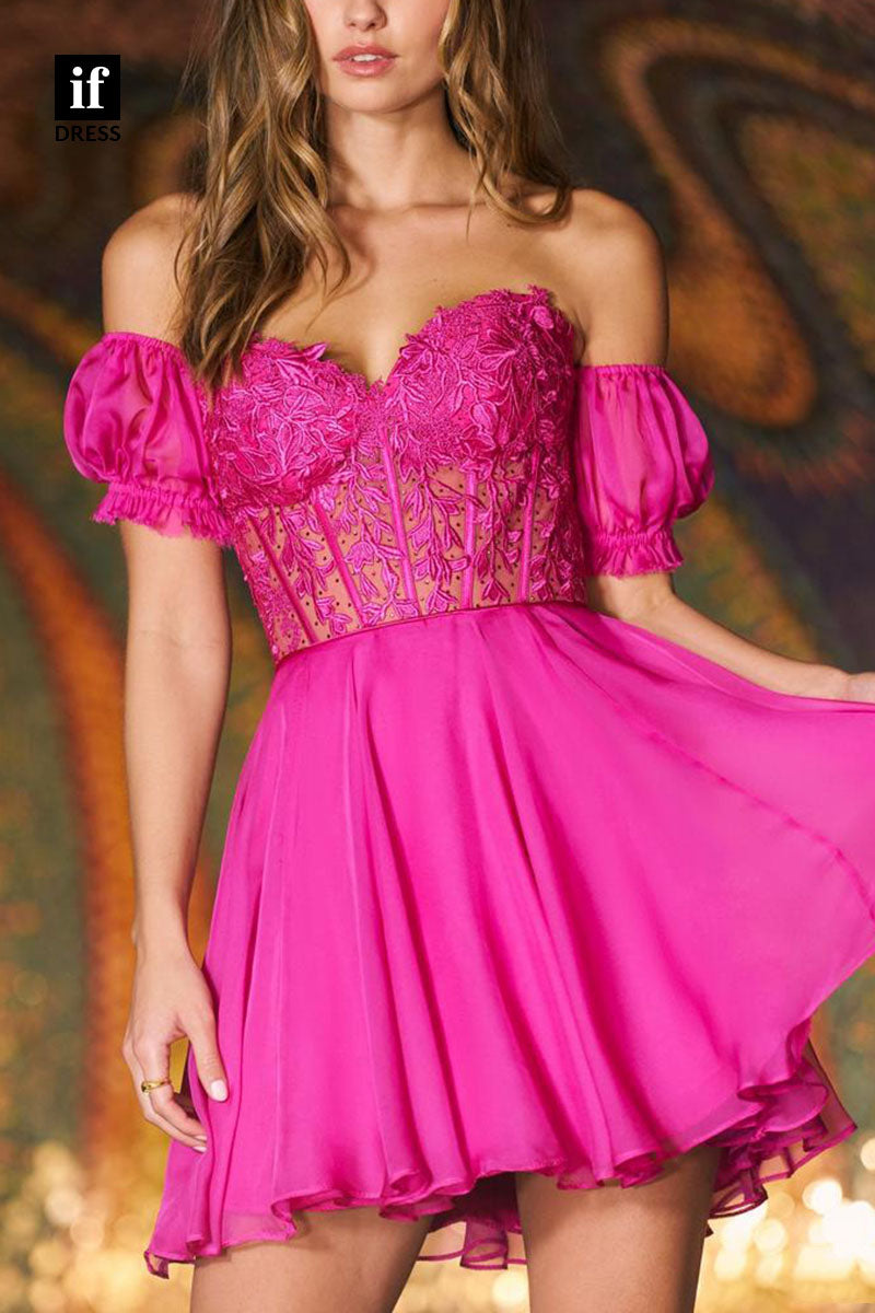 F1216 - Charming Off-Shoulder Ruched Appliques A-Line Mini Homecoming Dress