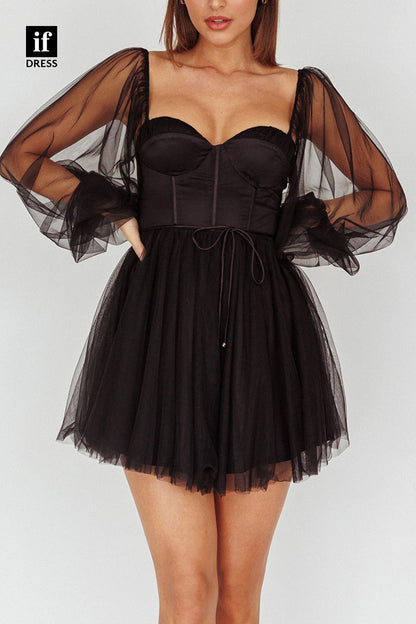 F1276 - Chic Long Sleeves Ruched Sewwtheart Mini Party Homecoming Dress