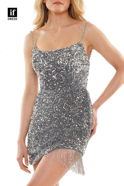 F1279 - Sparkly Scoop Sleeveless Sequined Mini Cocktail Homecoming Dress