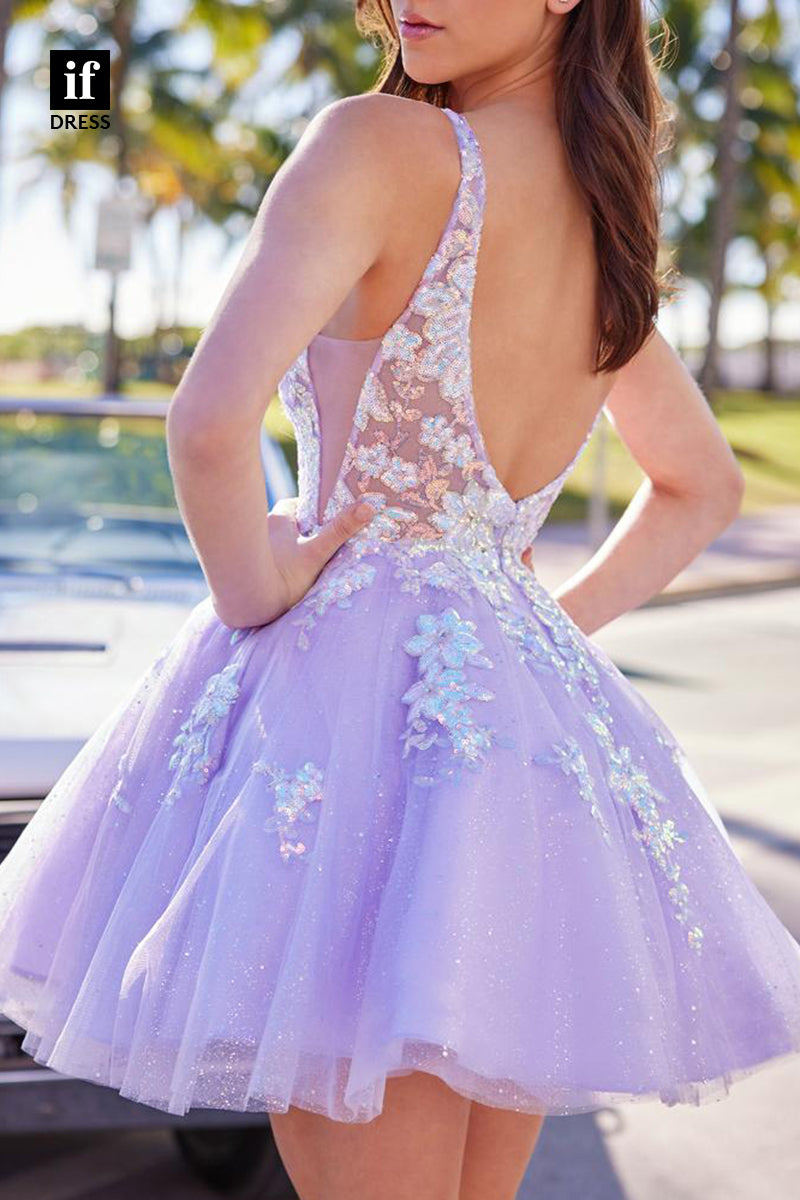 F1283 - Amazing V-Neck Appliques A-Line Short Homecoming Party Gown