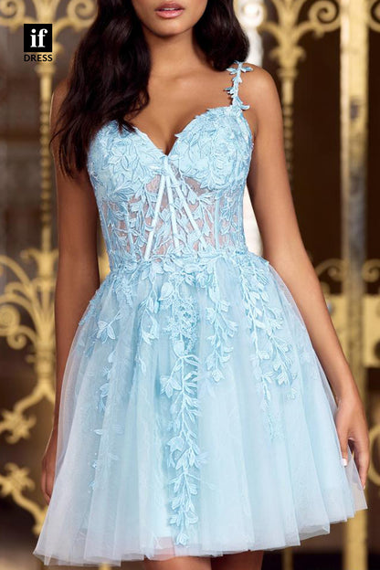F1286 - Charming Straps Appliques Ruched Short Coaktail Homecoming Dress