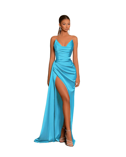 B5014 -  Classic Off Shoulder Ruched Side Slit Long Bridesmaid Dress