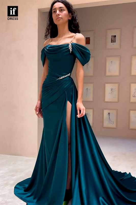 34711 - Elegant Spaghetti Straps Pleats Beads Prom Evening Formal Dress with Train