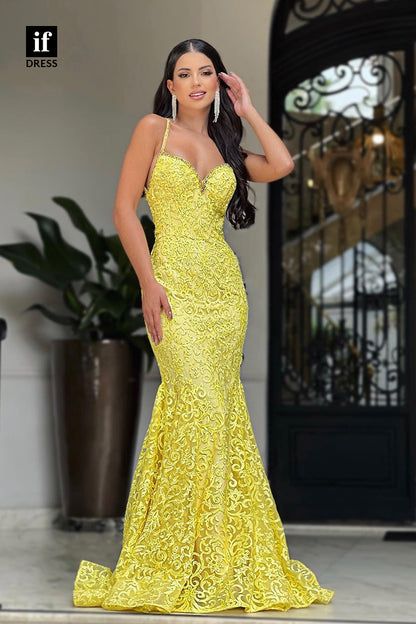 34424 - Sexy Spagheti Straps V-Neck Appliques Mermaid Prom Evening Formal Gown