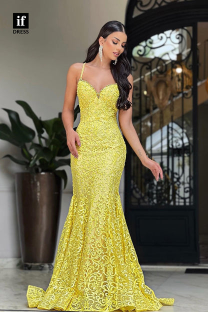 34424 - Sexy Spagheti Straps V-Neck Appliques Mermaid Prom Evening Formal Gown