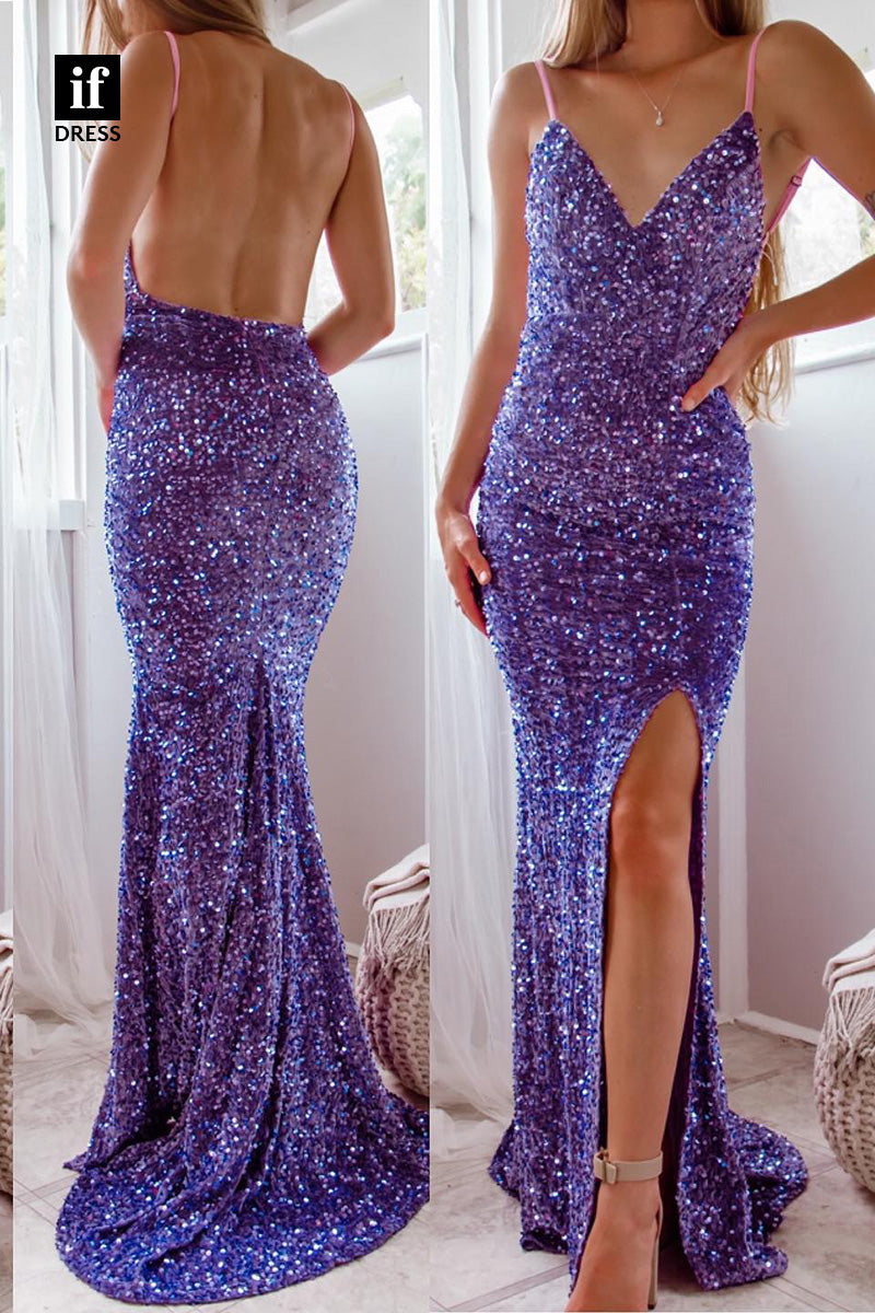 34442 - Sparkly Spaghetti Straps V-Neck Sequined Prom Evening Formal Dress