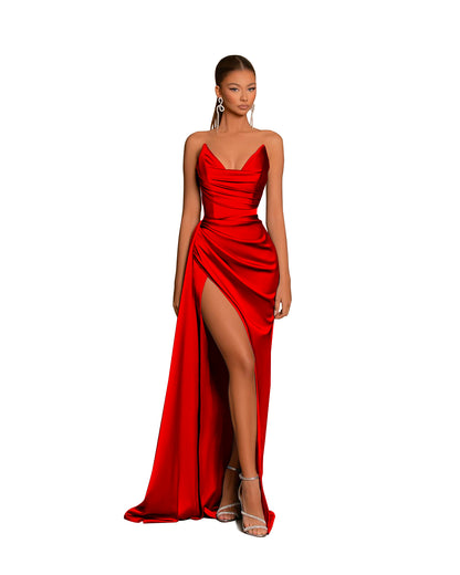 B5014 -  Classic Off Shoulder Ruched Side Slit Long Bridesmaid Dress