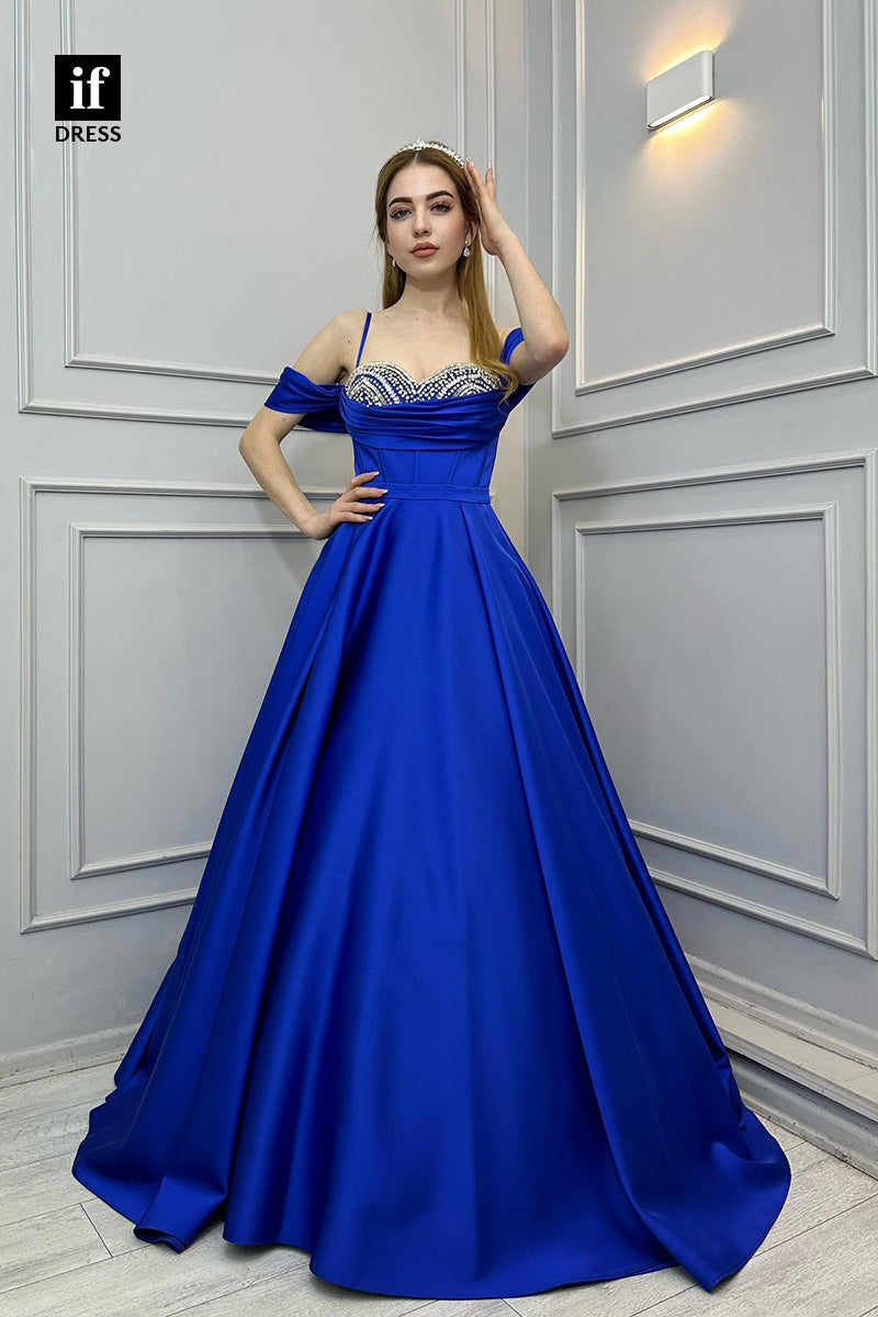 30864 - A-Line Spaghetti Straps Beads Satin Pleated Long Prom Formal Dress