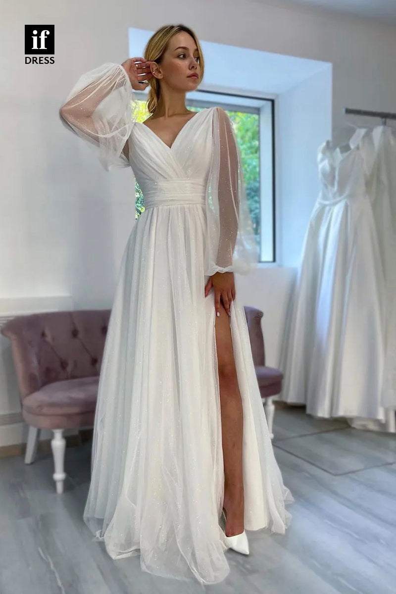 31734 - A-Line Sparkly Ruched V-Neck Long Sleeves Beach Wedding Dress