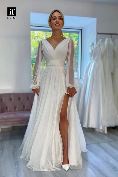 31734 - A-Line Sparkly Ruched V-Neck Long Sleeves Beach Wedding Dress