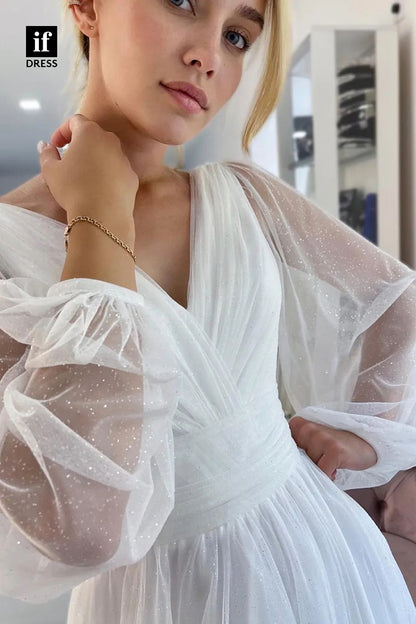 31734 - A-Line Sparkly Ruched V-Neck Long Sleeves Beach Wedding Dress