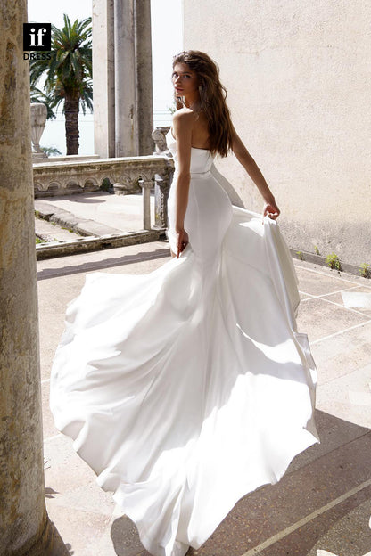 31740 - Stunning Strapless Beads Pleats Satin Side Slit Boho Wedding Dress with Train