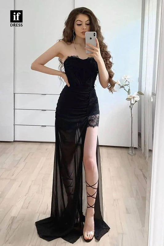 31821 - Chic Strapless Lace Long Prom Formal Evening Gown with Slit