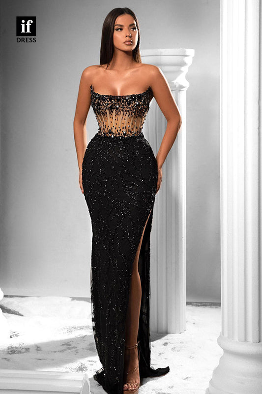 31901 - Luxurious Strapless Beads Scoop Side Slit Prom Evening Party Dress