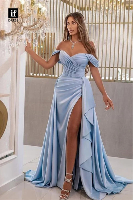 31906 - Classy Off Shoulder V-Neck Pleats Prom Evening Formal Dress With Slit