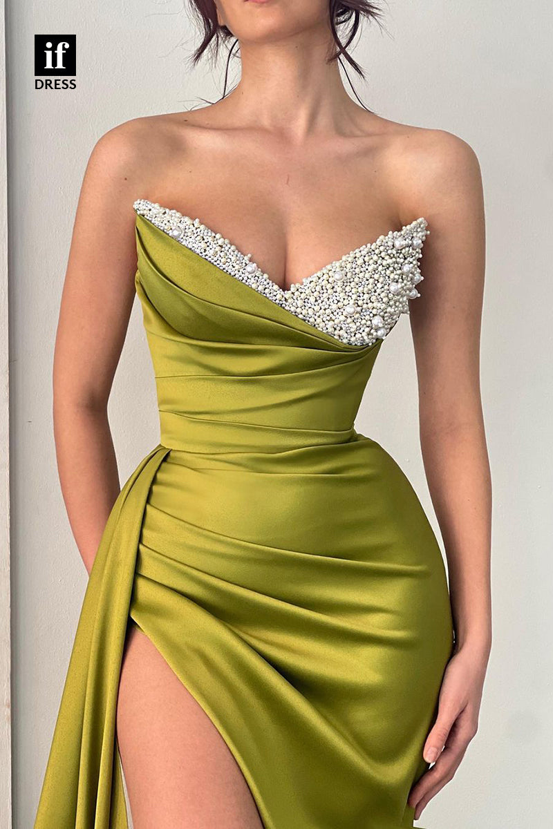 31931 - Strapless V-Neck Beads Pleats Prom Evening Formal Dress With Slit