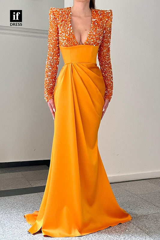 31936 - Classy Long Sleeves Pleats Sequined Prom Evening Formal Gown