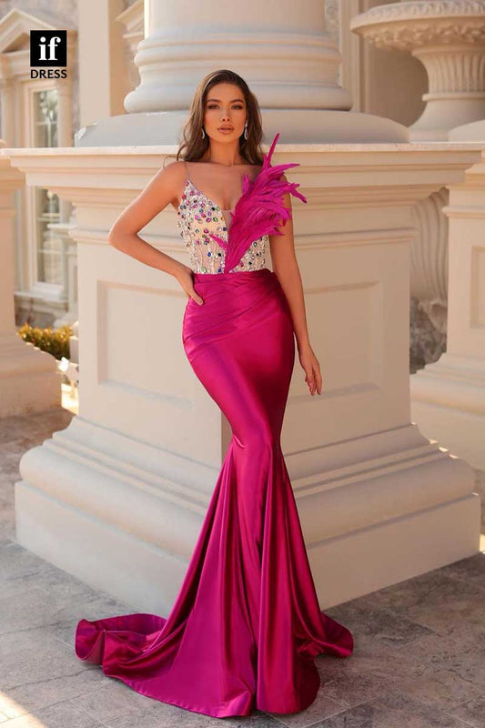 31945 - Unique Straps Feathers Beads Mermaid Prom Evening Formal Dress