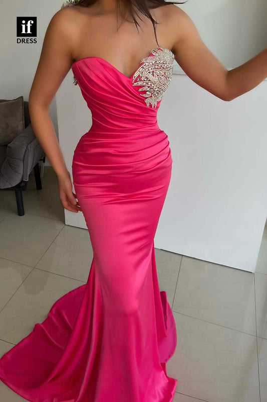 31957  -Adorable Strapless Pleats Beads Appliques Mermaid Evening Prom Formal Dress
