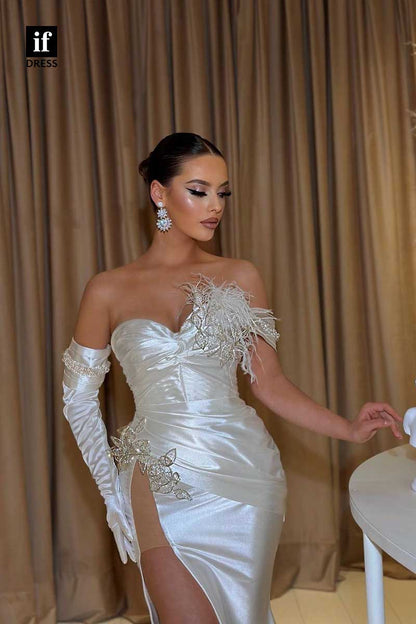 31959 - Unique Strapless Pleats Feathers Side Slit Prom Evening Formal Dress