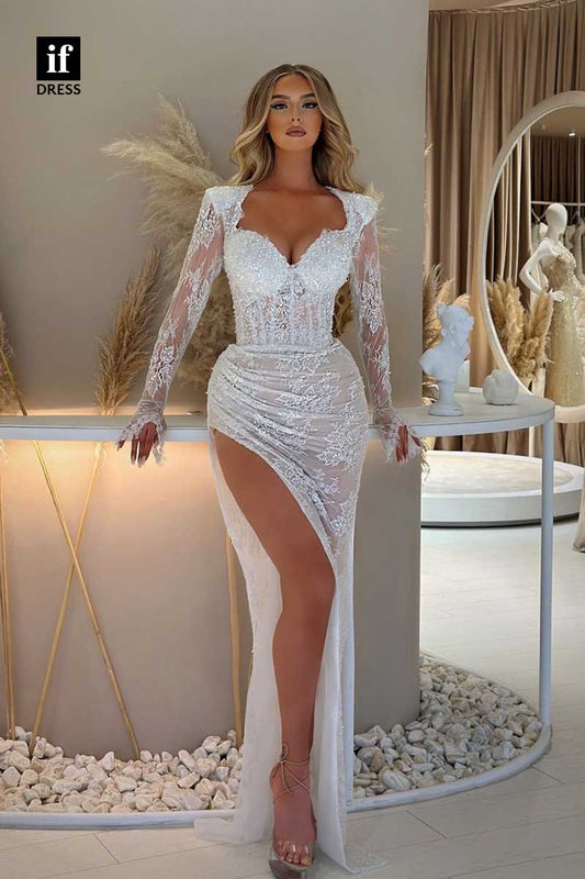 31961 - Romantic Lace Long Sleeves High Slit White Prom Evening Formal Dress