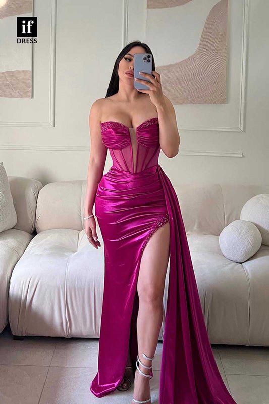 31985 - Strapless Deep V-Neck Beads Pleats Prom Evening Formal Dress with Slit