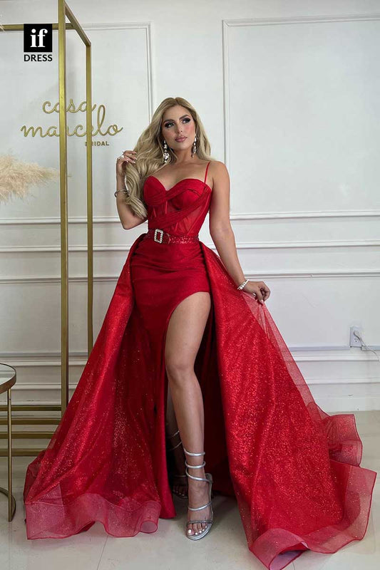 31986 - Stunning Spaghetti Straps A-Line Belt Prom Evening Formal Gown with Train